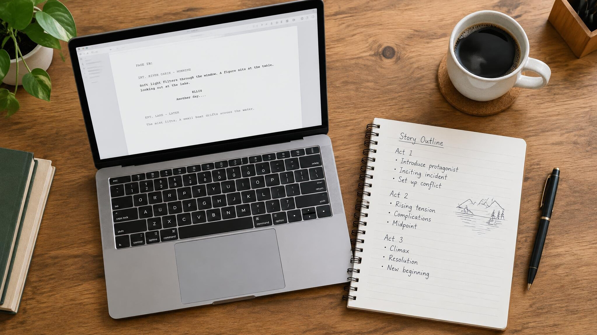Writer working on a laptop with a notebook and coffee on a wooden desk