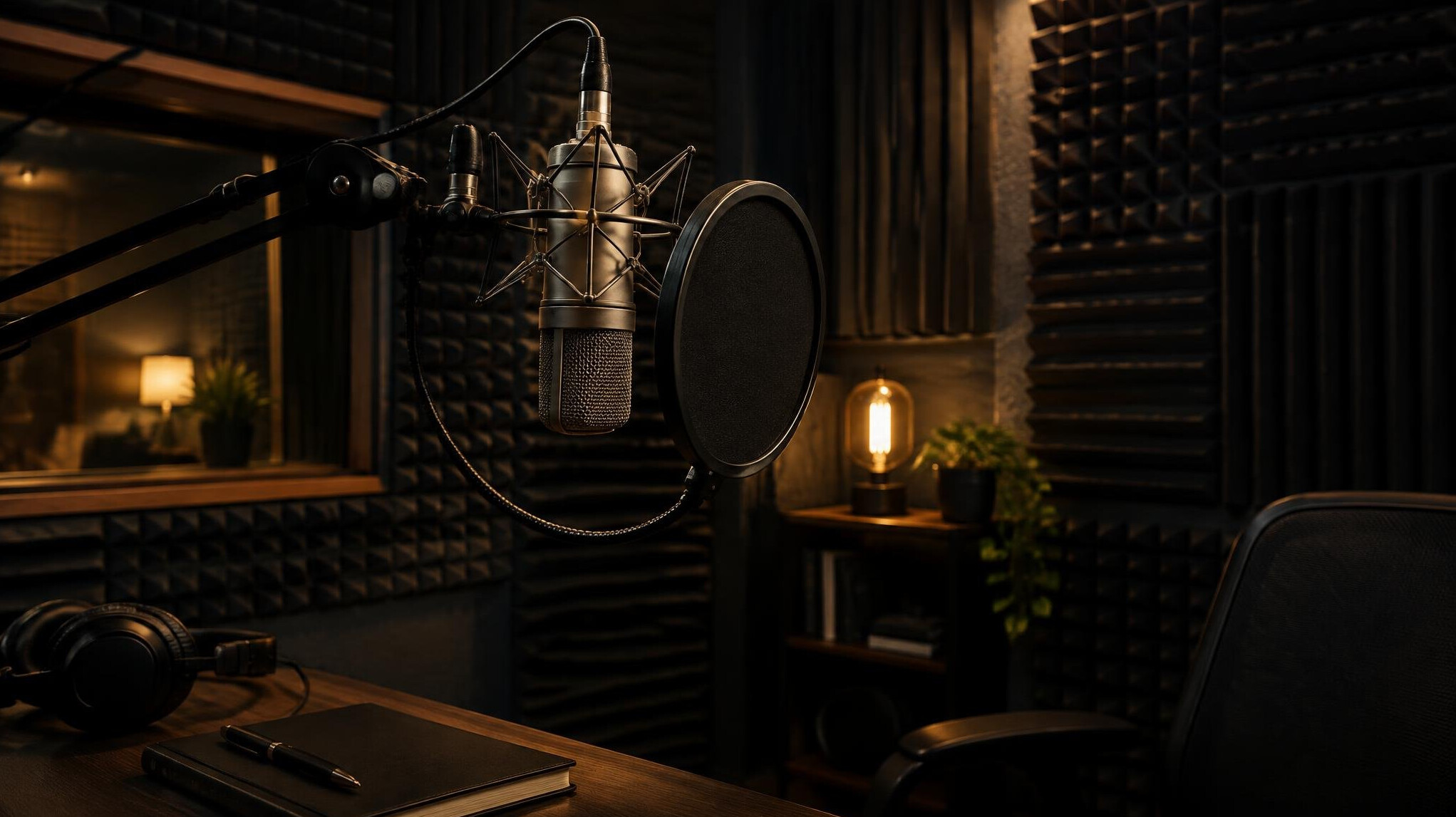Podcast recording studio with a professional microphone and dark acoustic panels